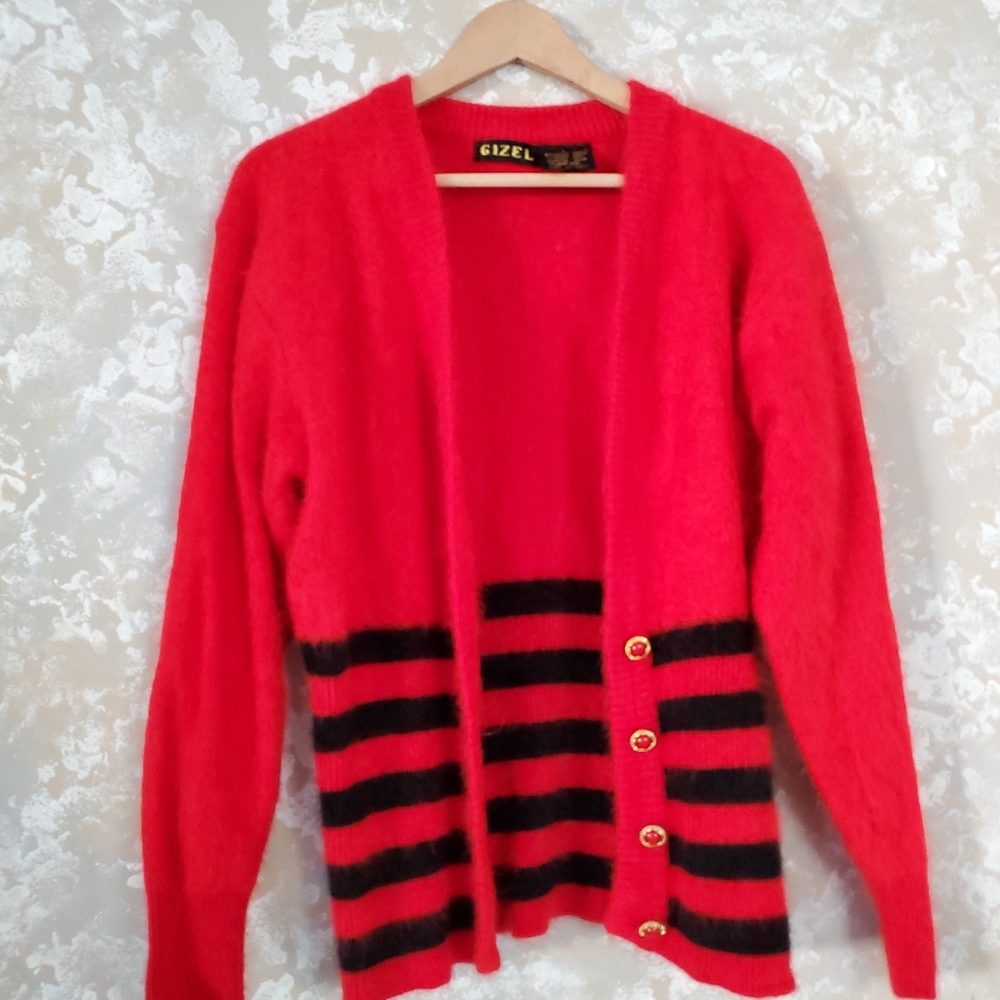 Vintage large Gizel red striped angora cardigan
